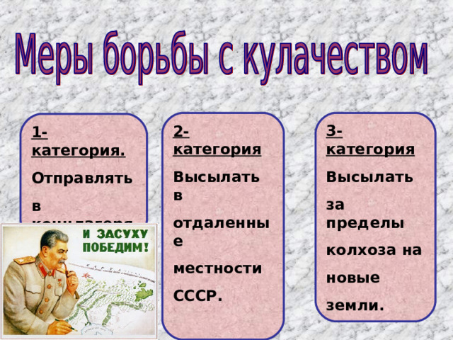 2-категория Высылать в отдаленные местности СССР.  3-категория Высылать за пределы колхоза на новые земли. 1-категория. Отправлять в концлагеря 