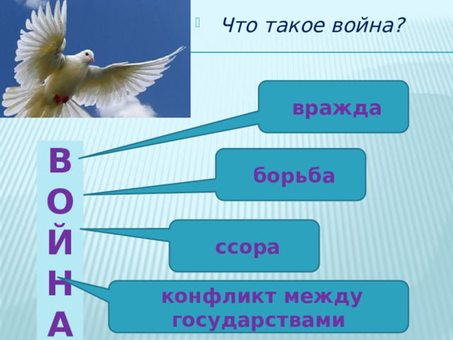  Что такое война?  вражда  В О Й Н А   борьба  ссора  конфликт между государствами 