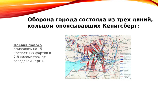 Оборона города состояла из трех линий, кольцом опоясывавших Кенигсберг:  Первая полоса опиралась на 15 крепостных фортов в 7-8 километрах от городской черты. 