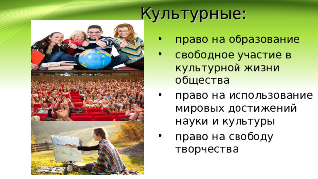   Культурные: право на образование свободное участие в культурной жизни общества право на использование мировых достижений науки и культуры право на свободу творчества 