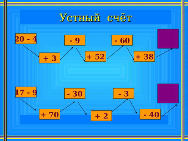 Устный счёт  20 - 4 - 60 - 9 + 38 + 52 + 3  17 - 9 - 3 - 30 + 70  - 40 + 2 