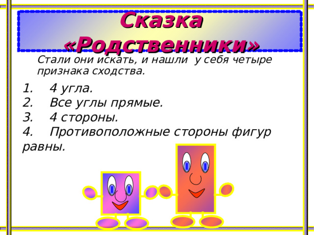 Сказка «Родственники» Стали они искать, и нашли у себя четыре признака сходства.   1. 4 угла. 2. Все углы прямые. 3. 4 стороны. 4. Противоположные стороны фигур равны. 