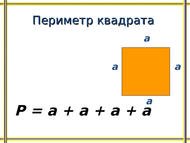 Периметр квадрата а а а а Р = а + а + а + а 
