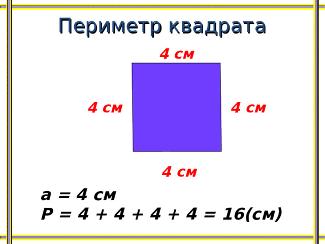 Периметр квадрата 4 см 4 см 4 см 4 см  а = 4 см  Р = 4 + 4 + 4 + 4 = 16(см) 