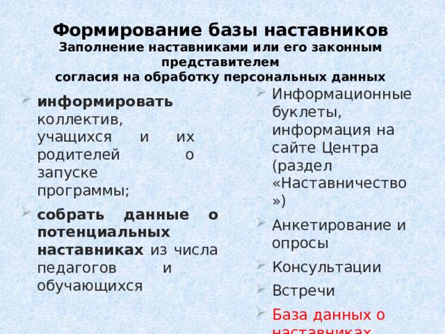 Формирование базы наставников Заполнение наставниками или его законным представителем согласия на обработку персональных данных Информационные  буклеты,  и н ф о рм а ци я  на  с а й те  Центра  (раздел  «Наставничество») Анкетирование  и  опросы Консультации Встречи База  данных  о  наставниках информировать  коллектив,  учащихся  и  их  родителей  о  запуске  программы; собрать данные о потенциальных  наставниках из числа  педагогов и  обучающихся 