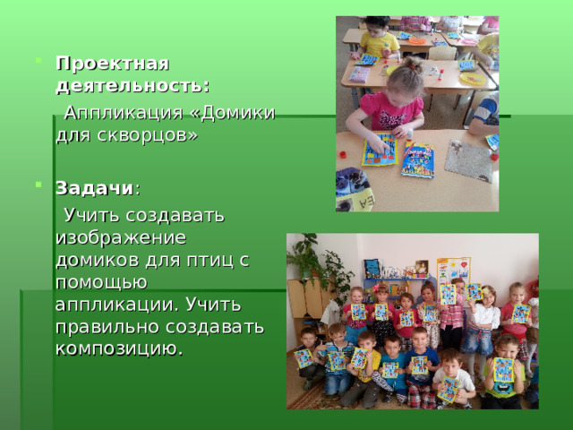 Проектная деятельность:  Аппликация «Домики для скворцов»  Задачи :  Учить создавать изображение домиков для птиц с помощью аппликации. Учить правильно создавать композицию. 