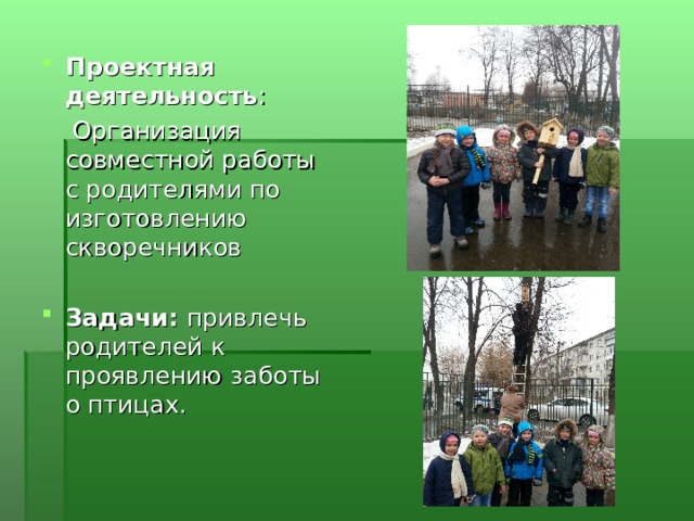 Проектная деятельность :  Организация совместной работы с родителями по изготовлению скворечников  Задачи: привлечь родителей к проявлению заботы о птицах. 