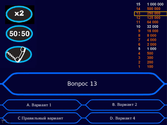 Вопрос 13 B . Вариант 2 А. Вариант 1 D . Вариант 4 C Правильный вариант 