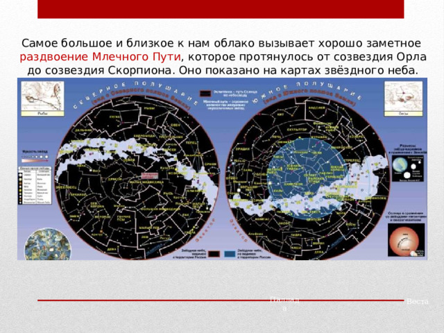 Самое большое и близкое к нам облако вызывает хорошо заметное раздвоение Млечного Пути , которое протянулось от созвездия Орла до созвездия Скорпиона. Оно показано на картах звёздного неба. Паллада Веста 