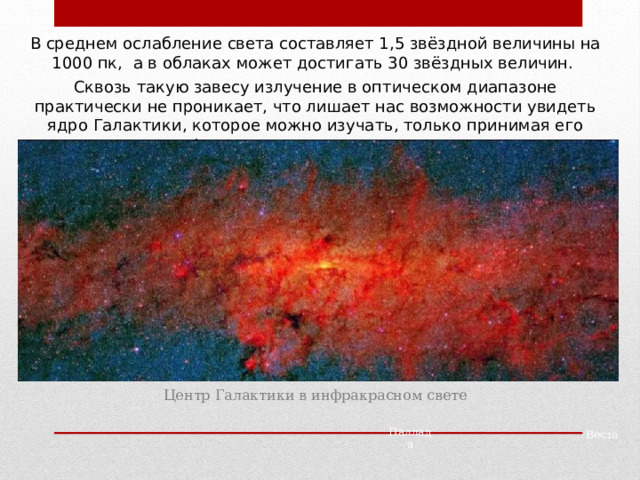 В среднем ослабление света составляет 1,5 звёздной величины на 1000 пк, а в облаках может достигать 30 звёздных величин. Сквозь такую завесу излучение в оптическом диапазоне практически не проникает, что лишает нас возможности увидеть ядро Галактики, которое можно изучать, только принимая его инфракрасное и радиоизлучение. Центр Галактики в инфракрасном свете Паллада Веста 