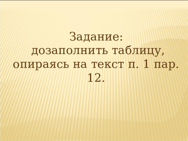 Задание:  дозаполнить таблицу, опираясь на текст п. 1 пар. 12. 