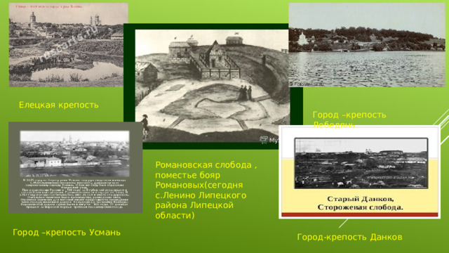 Елецкая крепость Город –крепость Лебедянь Романовская слобода , поместье бояр Романовых(сегодня с.Ленино Липецкого района Липецкой области) Город –крепость Усмань Город-крепость Данков 