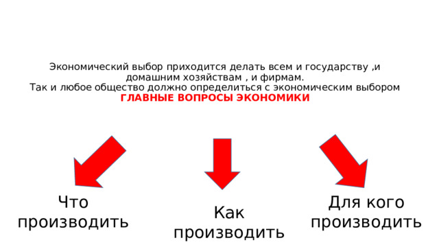 Экономический выбор приходится делать всем и государству ,и домашним хозяйствам , и фирмам.  Так и любое общество должно определиться с экономическим выбором  ГЛАВНЫЕ ВОПРОСЫ ЭКОНОМИКИ   Что производить Для кого производить Как производить 