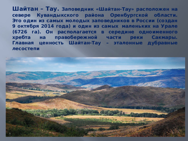 Шайтан – Тау.  Заповедник «Шайтан-Тау» расположен на севере Кувандыкского района Оренбургской области.  Это один из самых молодых заповедников в России (создан 9 октября 2014 года) и один из самых  маленьких на Урале (6726 га). Он располагается в середине одноименного хребта на правобережной части реки Сакмары.  Главная ценность Шайтан-Тау – эталонные дубравные лесостепи 