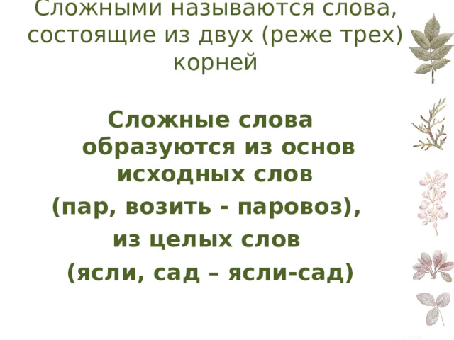 Сложными называются слова, состоящие из двух (реже трех) корней   Сложные слова образуются из основ исходных слов (пар, возить - паровоз), из целых слов (ясли, сад – ясли-сад) 