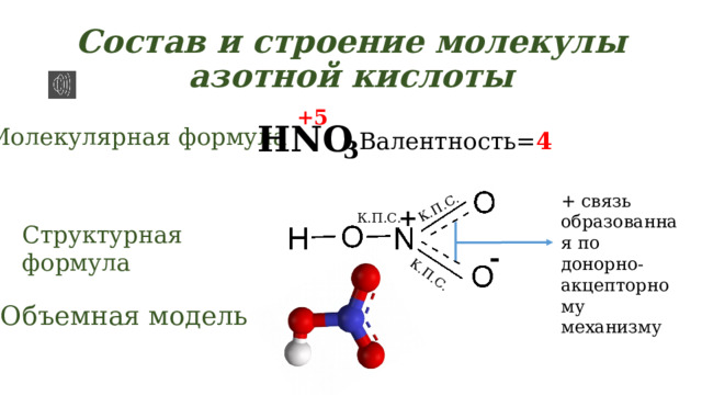 К.П.С. К.П.С. Состав и строение молекулы азотной кислоты +5 HNO Молекулярная формула Валентность= 4 3 + связь образованная по донорно-акцепторному механизму + К.П.С. Структурная формула - Объемная модель 