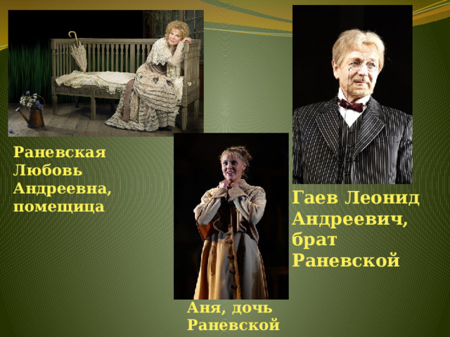 Раневская Любовь Андреевна, помещица Гаев Леонид Андреевич, брат Раневской Аня, дочь Раневской 
