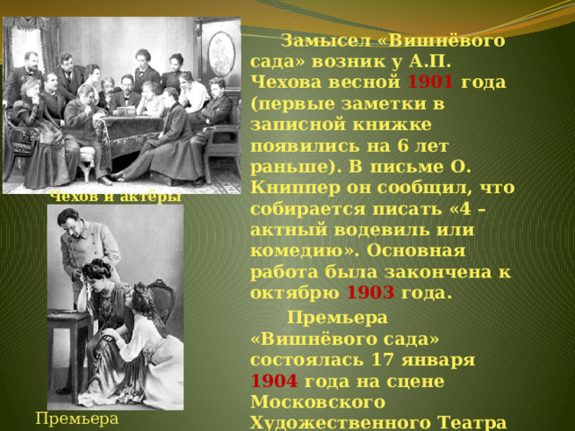  Замысел «Вишнёвого сада» возник у А.П. Чехова весной 1901 года (первые заметки в записной книжке появились на 6 лет раньше). В письме О. Книппер он сообщил, что собирается писать «4 – актный водевиль или комедию». Основная работа была закончена к октябрю 1903 года.  Премьера «Вишнёвого сада» состоялась 17 января 1904 года на сцене Московского Художественного Театра (МХТ) и совпадала с 25 – летием литературной деятельности А.П. Чехова . Чехов и актёры МХТ Премьера спектакля 