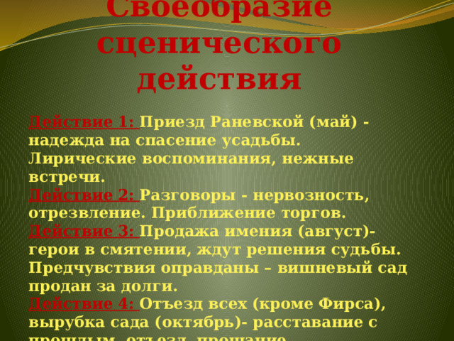 Своеобразие сценического действия Действие 1: Приезд Раневской (май) - надежда на спасение усадьбы. Лирические воспоминания, нежные встречи.  Действие 2: Разговоры - нервозность, отрезвление. Приближение торгов.  Действие 3: Продажа имения (август)- герои в смятении, ждут решения судьбы. Предчувствия оправданы – вишневый сад продан за долги.  Действие 4: Отъезд всех (кроме Фирса), вырубка сада (октябрь)- расставание с прошлым, отъезд, прощание. 
