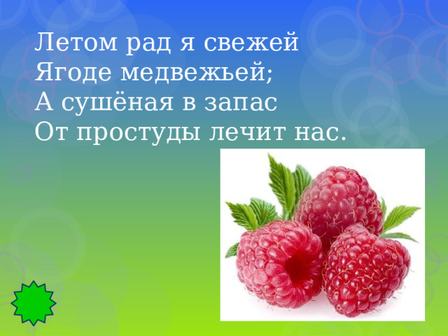 Летом рад я свежей Ягоде медвежьей; А сушёная в запас От простуды лечит нас. 