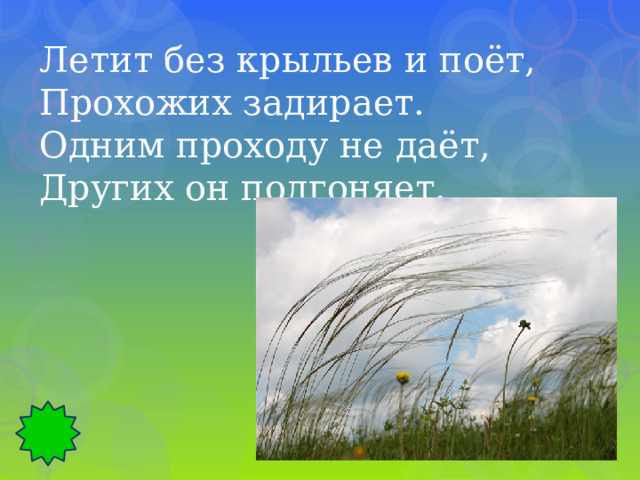 Летит без крыльев и поёт, Прохожих задирает. Одним проходу не даёт, Других он подгоняет. 