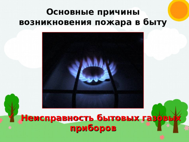Основные причины возникновения пожара в быту  Неисправность бытовых газовых приборов 