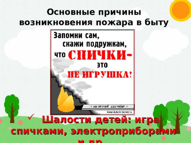 Основные причины возникновения пожара в быту  Шалости детей: игра спичками, электроприборами и др. 