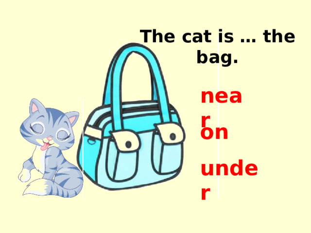 The cat is … the bag. near on under 