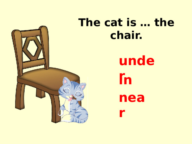 The cat is … the chair. under in near 