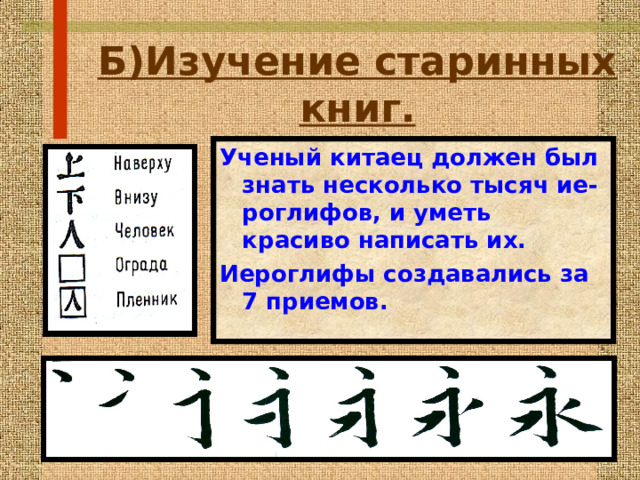 Б)Изучение старинных книг. Ученый китаец должен был знать несколько тысяч ие-роглифов,  и уметь красиво написать их. Иероглифы создавались за 7 приемов. 