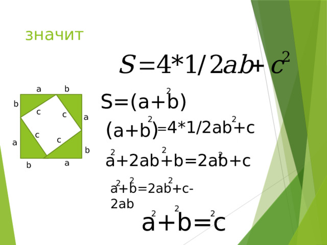значит b a 2 S=(a+b) b c c a 2 2 = 4*1/2ab+c ( a+b ) c c а 2 b 2 2 a+2ab+b=2ab+c a b 2 2 2 a+b=2ab+c-2ab 2 a+b=c 2 2 