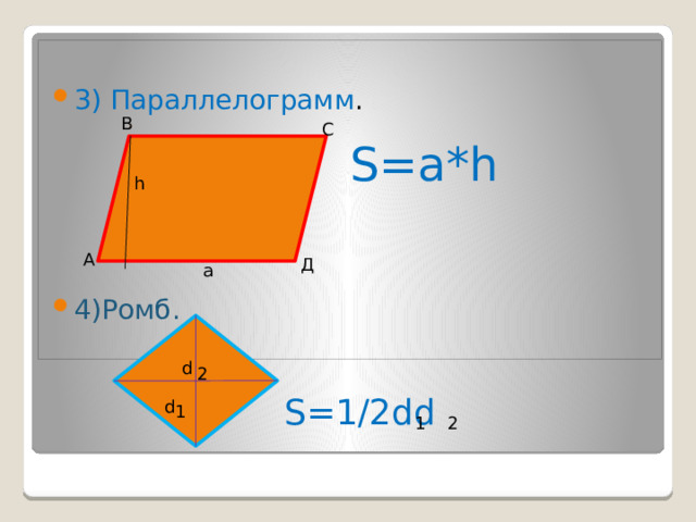 3) Параллелограмм . 4)Ромб. В С S=a*h h А Д a d 2 S=1/2dd d 1 1 2 