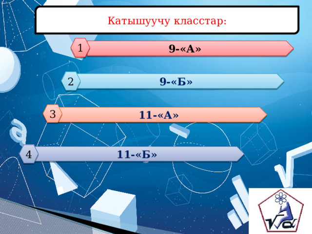 Катышуучу класстар: 1 9-«А» 2 9-«Б» 3 11-«А» 4 11-«Б» 