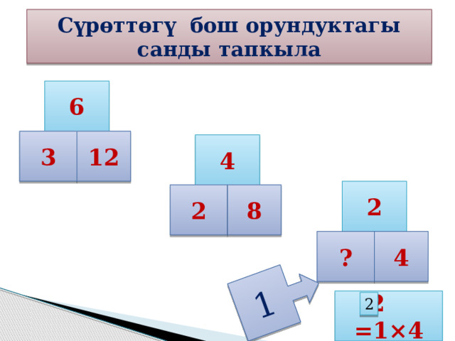 1 Сүрөттөгү бош орундуктагы санды тапкыла 6 3 12 4 2 2 8 ? 4 2 =1×4 2 