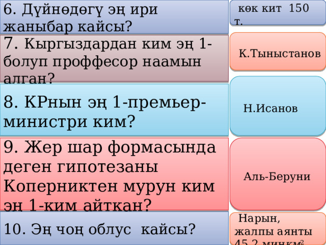 6. Дүйнөдөгү эң ири жаныбар кайсы?     көк кит 150 т.       К.Тыныстанов   7. Кыргыздардан ким эң 1-болуп проффесор наамын алган?       Н.Исанов   8. КРнын эң 1-премьер-министри ким?   9. Жер шар формасында деген гипотезаны Коперниктен мурун ким эң 1-ким айткан?      Аль-Беруни   10. Эң чоң облус кайсы?     Нарын, жалпы аянты 45,2 миң км 2   