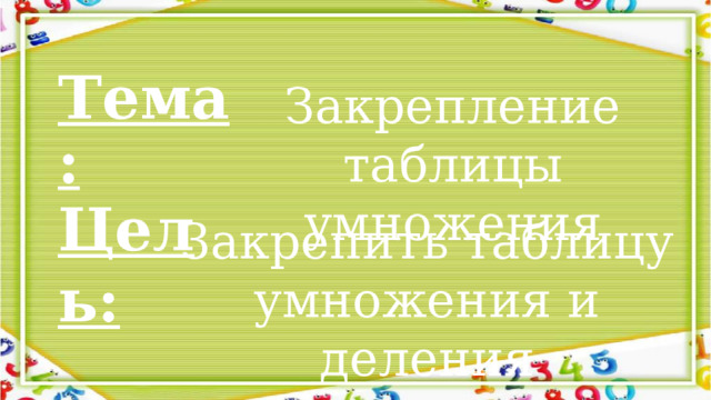 Тема: Закрепление таблицы умножения Цель: Закрепить таблицу умножения и деления 