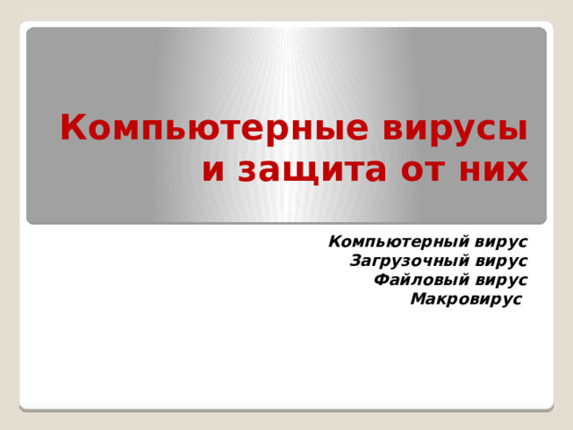 Компьютерные вирусы и защита от них Компьютерный вирус Загрузочный вирус Файловый вирус Макровирус 