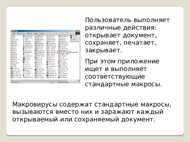 Пользователь выполняет различные действия: открывает документ, сохраняет, печатает, закрывает. При этом приложение ищет и выполняет соответствующие стандартные макросы. Макровирусы содержат стандартные макросы, вызываются вместо них и заражают каждый открываемый или сохраняемый документ. 