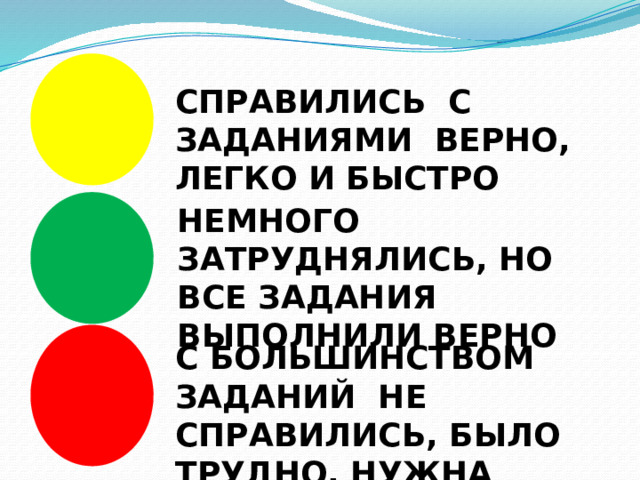 СПРАВИЛИСЬ С ЗАДАНИЯМИ ВЕРНО, ЛЕГКО И БЫСТРО НЕМНОГО ЗАТРУДНЯЛИСЬ, НО ВСЕ ЗАДАНИЯ ВЫПОЛНИЛИ ВЕРНО С БОЛЬШИНСТВОМ ЗАДАНИЙ НЕ СПРАВИЛИСЬ, БЫЛО ТРУДНО, НУЖНА ПОМОЩЬ 
