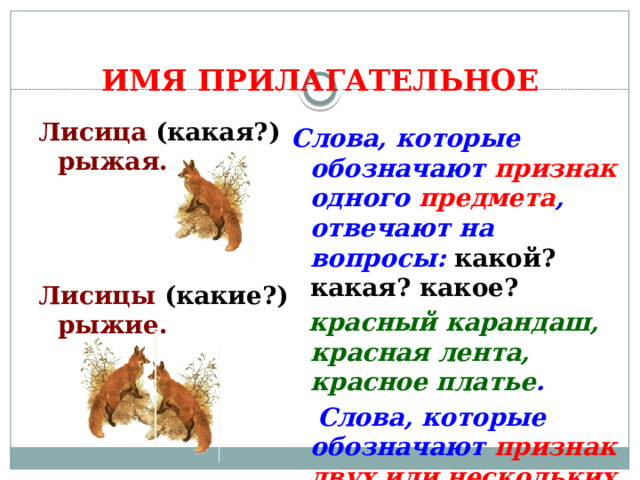 ИМЯ ПРИЛАГАТЕЛЬНОЕ Слова, которые обозначают признак одного предмета , отвечают на вопросы: какой? какая? какое?  красный карандаш, красная лента, красное платье .  Слова, которые обозначают признак двух или нескольких предметов , отвечают на вопрос какие?  красные карандаши . Лисица (какая?) рыжая. Лисицы (какие?) рыжие. 