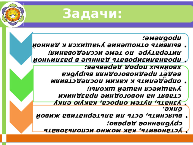 проанализировать данные в различной литературе по теме исследования; выявить отношение учащихся к данной проблеме; проанализировать данные в различной литературе по теме исследования; выявить отношение учащихся к данной проблеме; узнать, путём опроса, какую ёлку ставят на новогодние праздники учащиеся нашей школы; определить к каким последствиям ведёт предновогодняя вырубка хвойных пород деревьев; узнать, путём опроса, какую ёлку ставят на новогодние праздники учащиеся нашей школы; определить к каким последствиям ведёт предновогодняя вырубка хвойных пород деревьев; установить, как можно использовать срубленное дерево; выяснить, есть ли альтернатива живой ёлке. установить, как можно использовать срубленное дерево; выяснить, есть ли альтернатива живой ёлке. Задачи: 