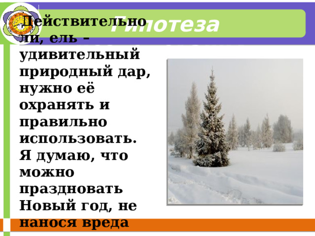  Гипотеза исследования :  Действительно ли, ель – удивительный природный дар, нужно её охранять и правильно использовать. Я думаю, что можно праздновать Новый год, не нанося вреда природе. 