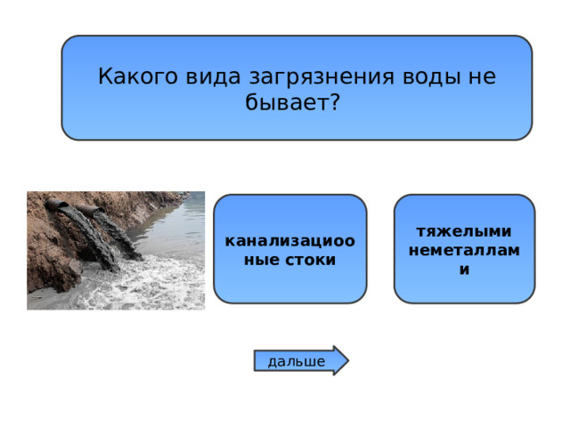 Какого вида загрязнения воды не бывает?  синтетическими удобрениями канализациооные стоки тяжелыми неметаллами дальше 