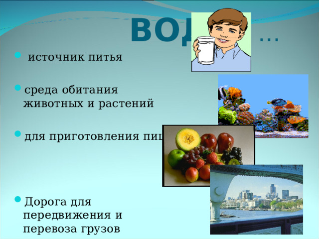  ВОДА- …  источник питья среда обитания животных и растений  для приготовления пищи    Дорога для передвижения и перевоза грузов 
