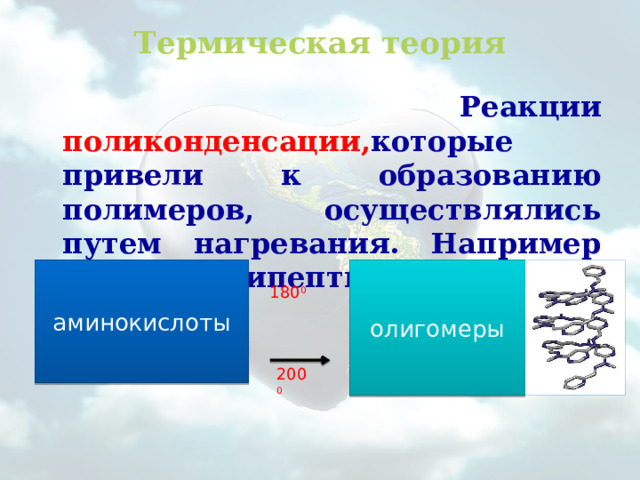 Термическая теория    Реакции поликонденсации, которые привели к образованию полимеров, осуществлялись путем нагревания. Например синтез полипептидов.  аминокислоты олигомеры 180 0 200 0 