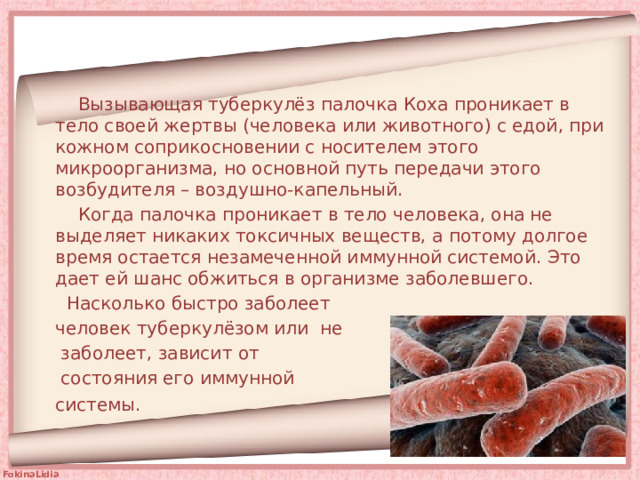  Вызывающая туберкулёз палочка Коха проникает в тело своей жертвы (человека или животного) с едой, при кожном соприкосновении с носителем этого микроорганизма, но основной путь передачи этого возбудителя – воздушно-капельный.  Когда палочка проникает в тело человека, она не выделяет никаких токсичных веществ, а потому долгое время остается незамеченной иммунной системой. Это дает ей шанс обжиться в организме заболевшего.   Насколько быстро заболеет человек туберкулёзом или не  заболеет, зависит от  состояния его иммунной системы.   