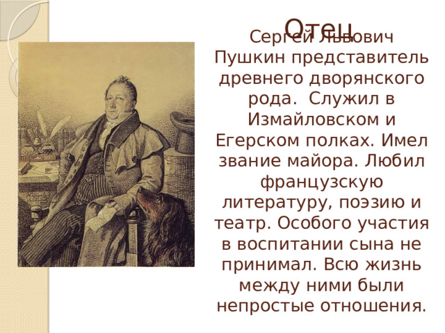 Отец Сергей Львович Пушкин представитель древнего дворянского рода. Служил в Измайловском и Егерском полках. Имел звание майора. Любил французскую литературу, поэзию и театр. Особого участия в воспитании сына не принимал. Всю жизнь между ними были непростые отношения. 