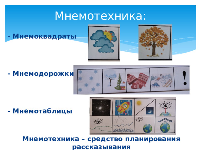 Мнемотехника: - Мнемоквадраты - Мнемодорожки - Мнемотаблицы   Мнемотехника – средство планирования рассказывания 