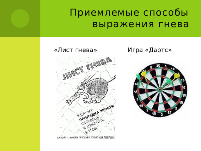 Приемлемые способы выражения гнева «Лист гнева» Игра «Дартс» 