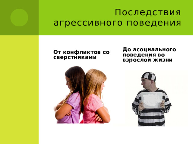 Последствия агрессивного поведения От конфликтов со сверстниками До асоциального поведения во взрослой жизни 